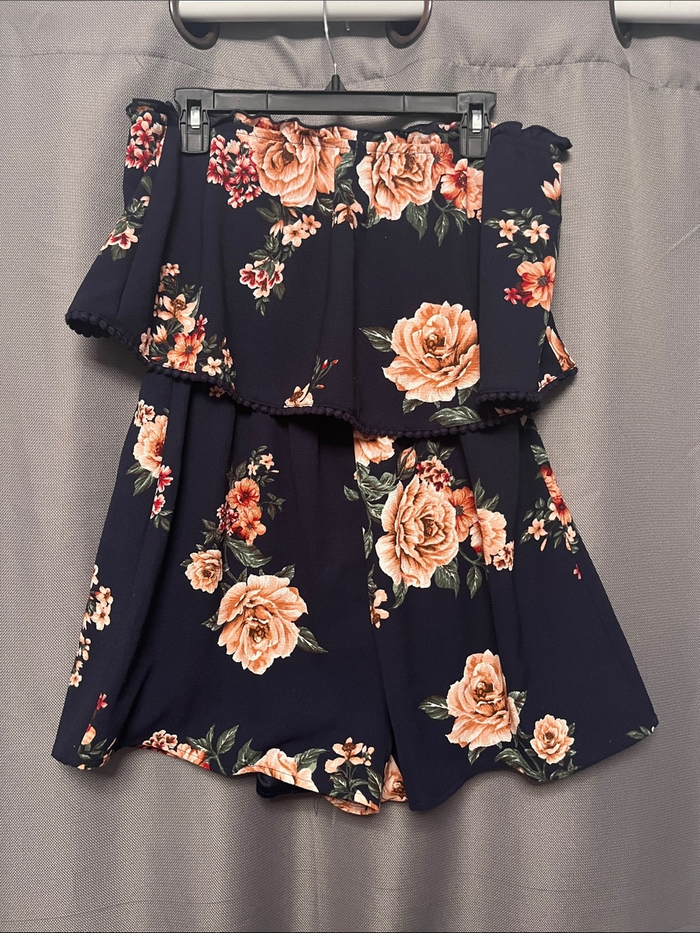 Daytrip Navy Floral Off-Shoulder Romper with Peach Roses